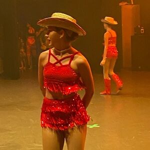 Weissman  Jazz Dance Costume 3 pieces: Top, Skort, shoe covers w: Fringe